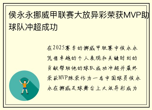 侯永永挪威甲联赛大放异彩荣获MVP助球队冲超成功