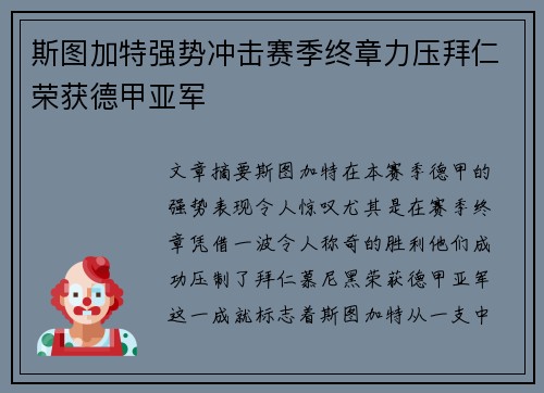 斯图加特强势冲击赛季终章力压拜仁荣获德甲亚军